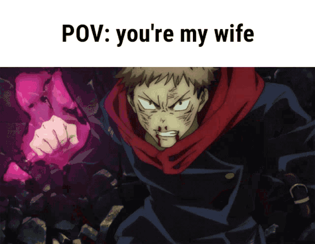 a picture of a cartoon character with the caption " pov : you 're my wife " on the bottom