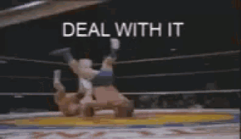 two men are wrestling in a ring with the words `` deal with it '' behind them .
