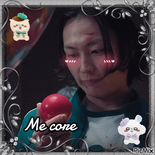 a picture of a woman holding a red apple with the words me cone below her