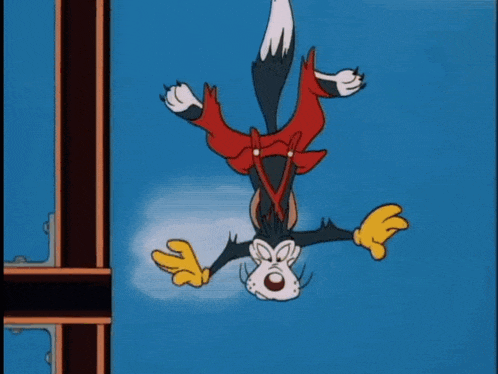 a cartoon character is doing a handstand in the air .