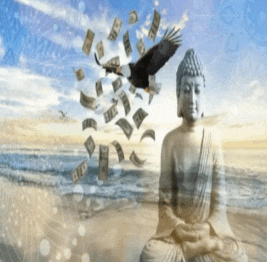 a buddha statue is sitting on the beach with money falling from the sky