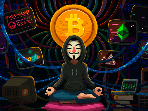 a cartoon of a man with a mask sitting in a lotus position in front of a bitcoin