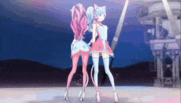 two anime girls are standing next to each other