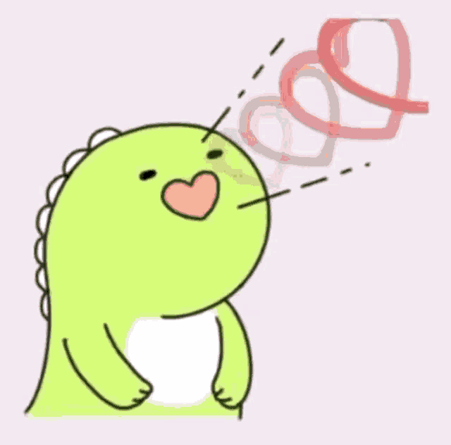 a cartoon of a dinosaur blowing hearts out of its mouth