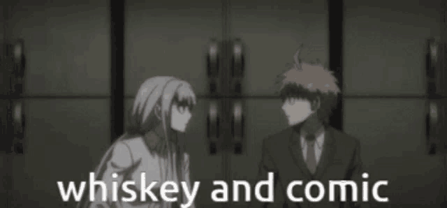 a man and a woman are standing next to each other with the words whiskey and comic on the bottom .
