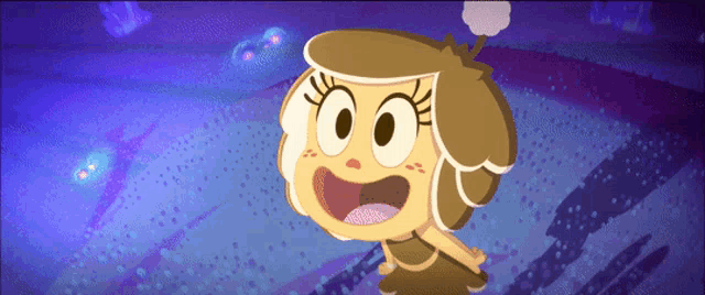 a cartoon girl with a surprised look on her face stands in front of a purple background