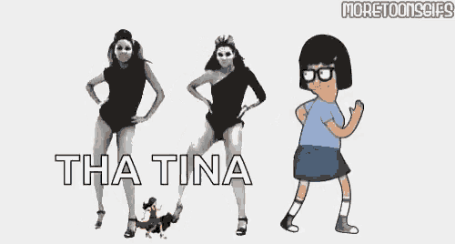 a cartoon character from bob 's burgers is dancing with a group of women .