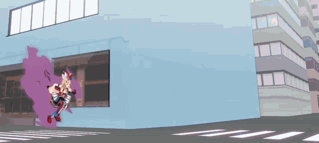 a cartoon drawing of a girl standing on a sidewalk in front of a blue building