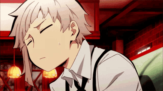 a cartoon character with white hair and black suspenders is sleeping