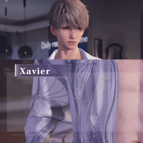 a video game character named xavier with a purple shirt