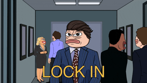 a cartoon shows a man in a suit and tie standing in a hallway with the words lock in below him
