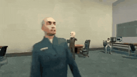 a man in a suit is standing in an office
