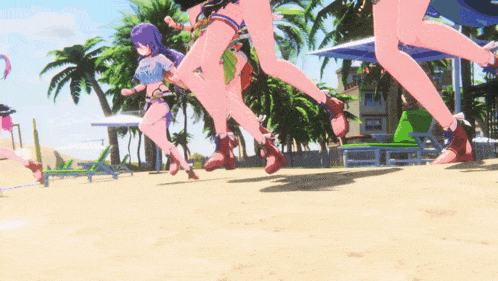 a group of anime girls running on a beach