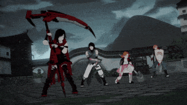 a group of cartoon characters are standing in a line with one holding a scythe