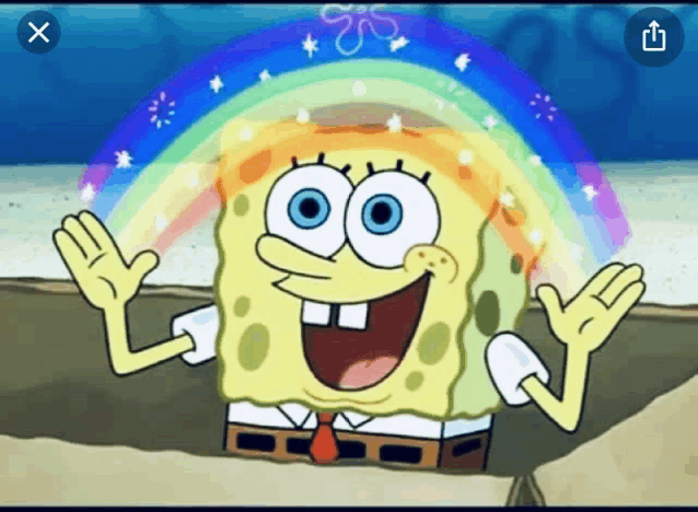 spongebob is smiling with a rainbow behind him