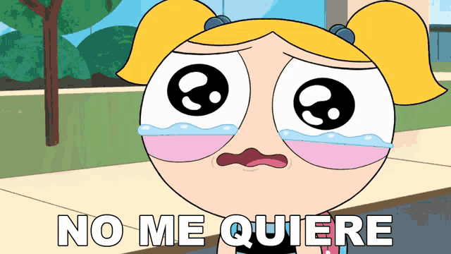 bubbles from the powerpuff girls is crying with the words no me quiere behind her