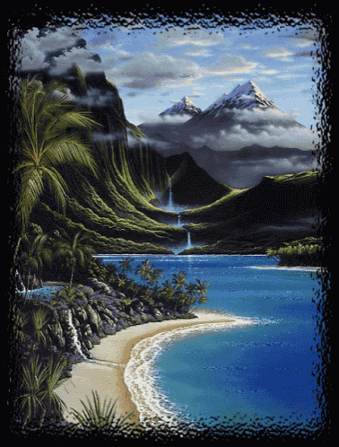 a painting of a beach and mountains with a waterfall
