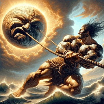 a painting of a man pulling a rope with a face on it