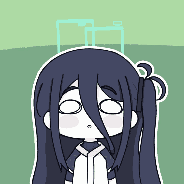 a cartoon drawing of a girl with long black hair and white eyes