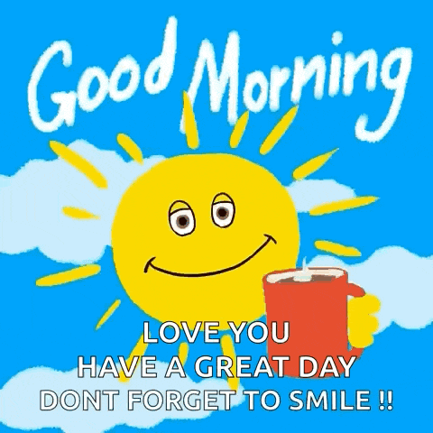 a good morning card with a smiling sun holding a red cup of coffee