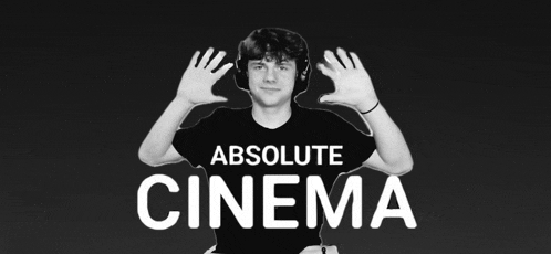 a black and white photo of a man wearing headphones and the words absolute cinema