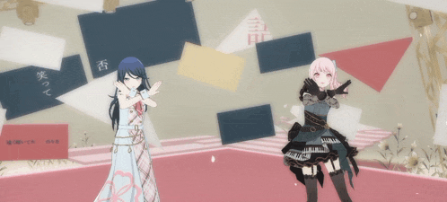 two anime girls are standing next to each other in front of a wall with chinese writing on it