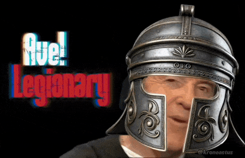a man wearing a helmet with the words five legionary written on it