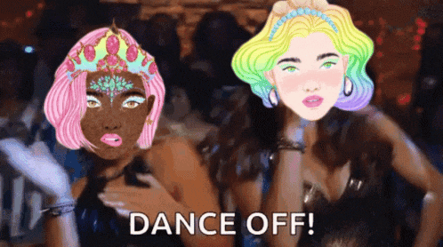 a couple of women standing next to each other with the words dance off written below them