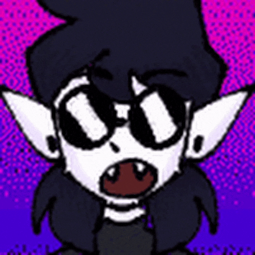 a cartoon character wearing sunglasses and a black hat on a purple and pink background .