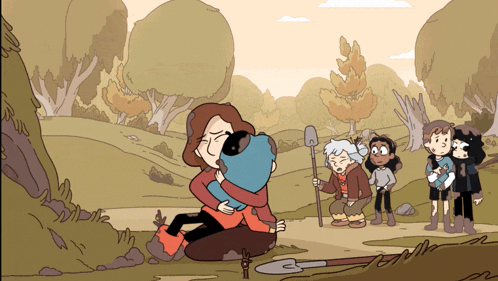 a cartoon of a woman hugging a child with trees in the background