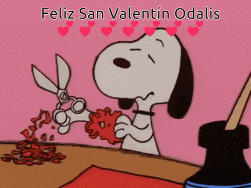 a cartoon of snoopy cutting a heart with the words " feliz san valentin odalis " above him