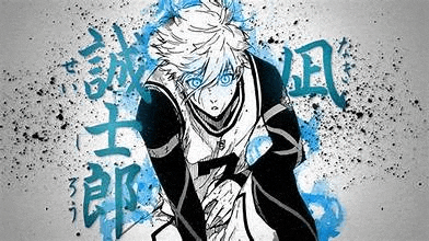 a black and white drawing of a boy with blue eyes and chinese writing .