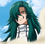 a person with long green hair and a white shirt