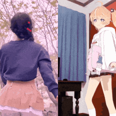 a girl in a blue shirt and a girl in a pink skirt