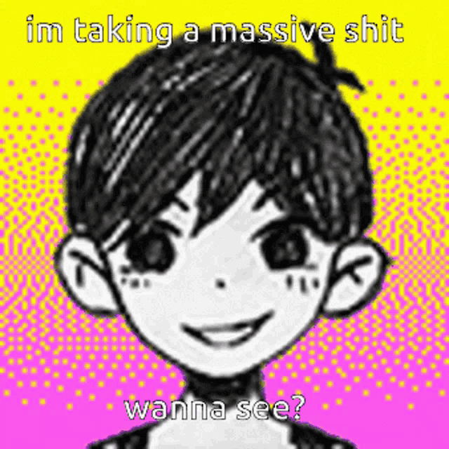a black and white drawing of a boy with the words im taking a massive shit wanna see