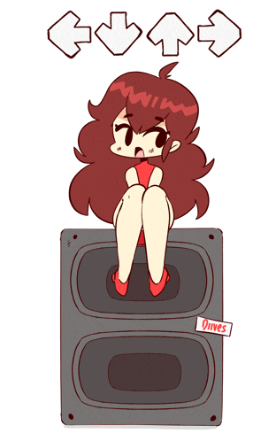 a cartoon drawing of a girl sitting on a speaker with the word down written below her