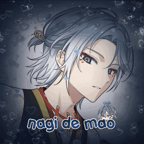 a picture of a boy with white hair and the words nagi de mao on the bottom