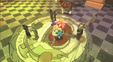 a group of people are standing in a circle on a checkered floor in a room
