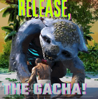 a man standing in front of a monster with the words release the gacha