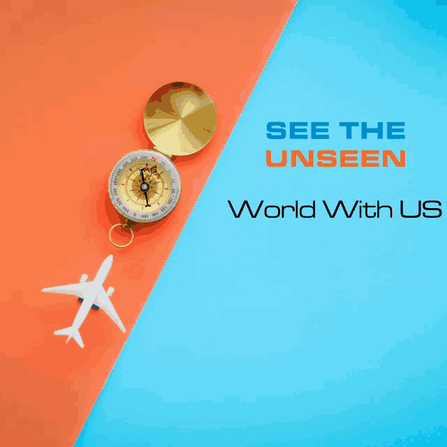 a compass and an airplane on a blue and orange background with the words see the unseen world with us below it
