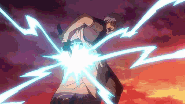 a man is standing in front of a purple sky with lightning bolts coming out of his hands .