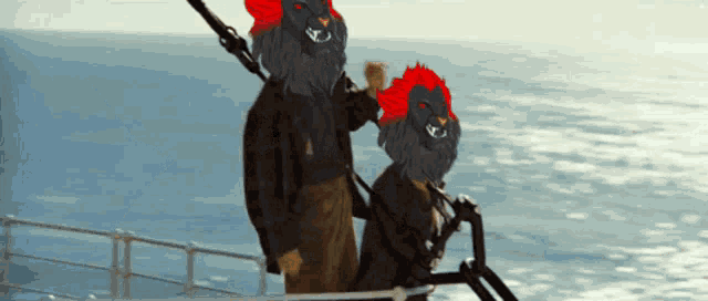 a man and a child on a boat with lion masks on