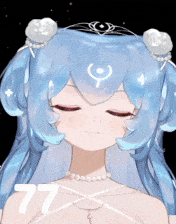 a girl with blue hair is wearing a tiara and pearls and has the number 77 next to her