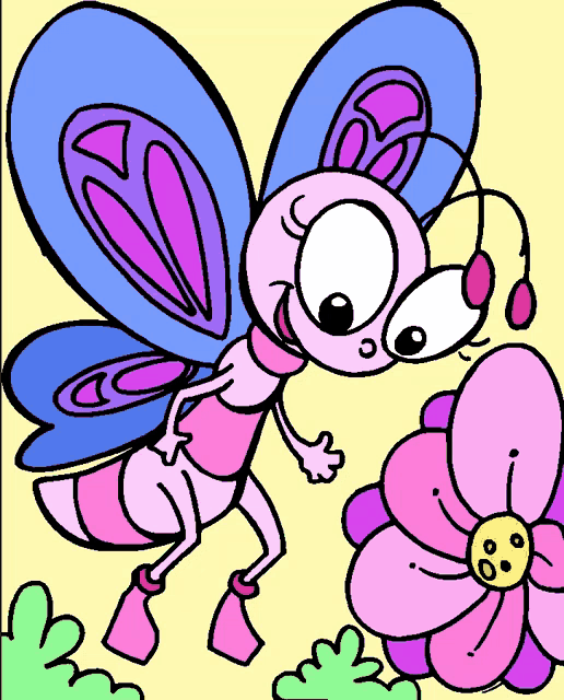 a cartoon drawing of a pink and blue butterfly looking at a pink flower