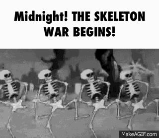 a group of skeletons are dancing in a cemetery and the skeleton war begins .