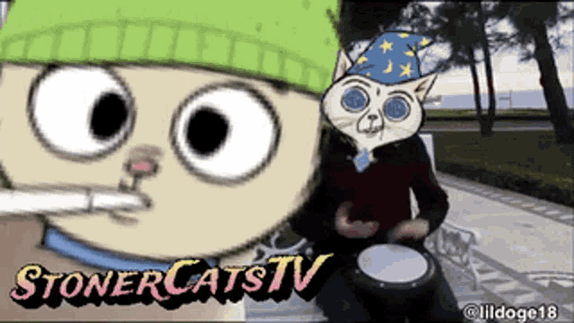 a cartoon of a cat playing a drum with the words stonercatstv written on the bottom