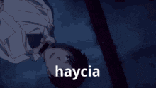 a man is laying upside down and the word haycia is on the bottom of the image