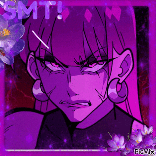 a picture of a girl in a purple frame with smt written on the bottom