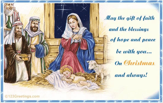 a picture of a nativity scene with the words may the gift of faith and the blessings of hope and peace be with you