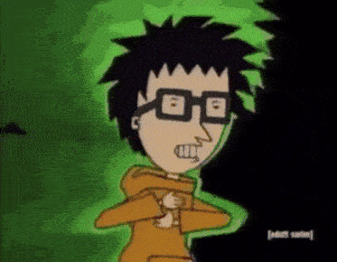 a cartoon character with glasses and a hoodie is standing in a dark room .